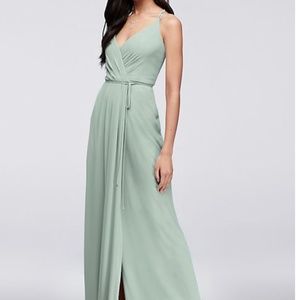 David’s Bridal double-strap long draped bodice dress in dusty sage